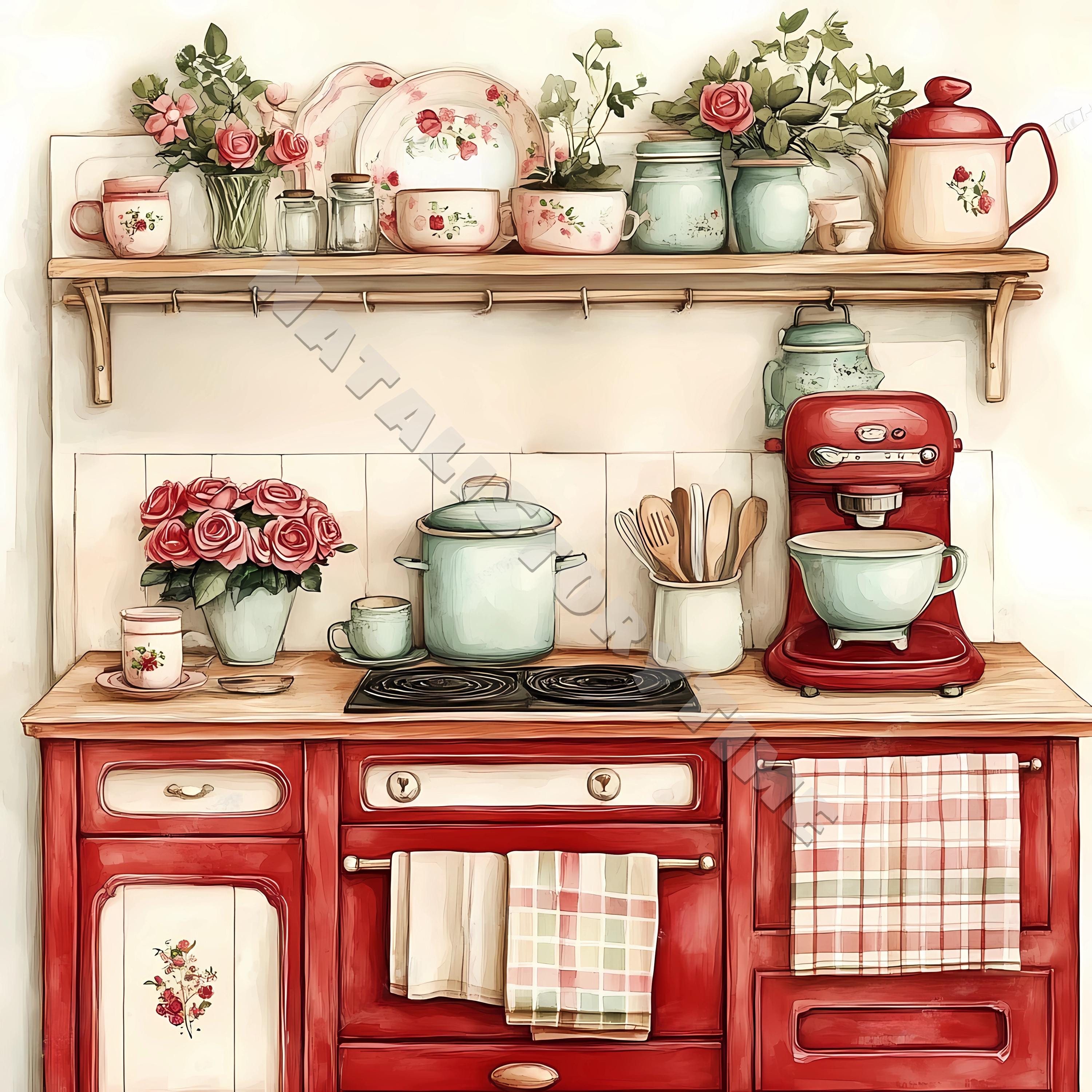 Retro Red Kitchen Clip Art Card Design 10 JPG Printable Watercolor High ...