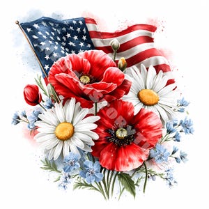 May include: A watercolor painting of a bouquet of red poppies and white daisies with a waving American flag in the background.