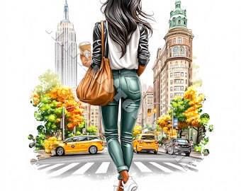 Fashion New York girl clip art card design 10 JPG Printable Watercolor High-Quality Papercraft Junk Journal Digital Craft Stylish woman