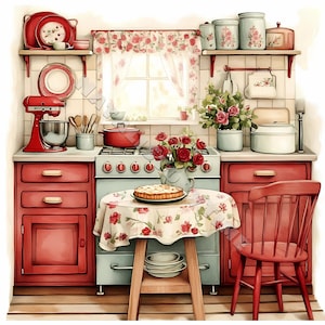 Retro rot Küche Clip Art Kartendesign 10 JPG druckbares Aquarell hochwertiges Papierhandwerk Junk Journal Digitales Handwerk Decoupage Shabby Chic