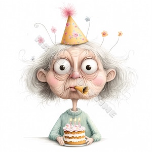 Eigenzinnige verjaardag oude vrouw clip art kaart ontwerp 10 JPG afdrukbare aquarel hoogwaardige Papercraft ongewenste Journal digitale ambachtelijke verjaardagstaart