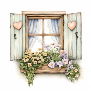 Rustikales Fenster mit Fensterläden Clip Art Kartendesign 10 JPG Printable Aquarell Hochwertiges Papierhandwerk Junk Journal Digital Craft shabby chic