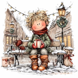 May include: A whimsical illustration of a child bundled up in winter attire, sitting on a snowy bench and holding a gift box. The child wears a green coat, red scarf, and brown boots. The background depicts a snow-covered street with buildings and street lamps.