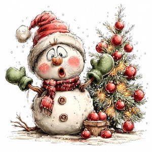 Könnte beinhalten: Eine skurrile Illustration eines Schneemanns mit überraschtem Gesichtsausdruck, der einen roten Hut, Schal und grüne Fäustlinge trägt. Ein dekorierter Weihnachtsbaum mit roten Kugeln und eine kleine Geschenkbox befinden sich in der Nähe. Schneeflocken fallen.