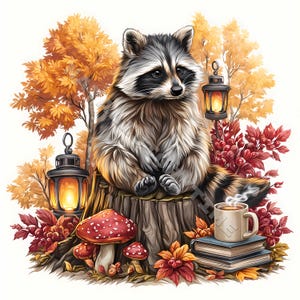 Conception de cartes clipart automne raton laveur 12 JPG imprimable aquarelle haute qualité Papercraft Junk Journal artisanat numérique technique mixte Woodland