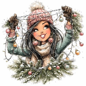 Può includere: Illustrazione di una persona sorridente con cappello rosa, sciarpa e guanti, che tiene in mano una stringa di luci natalizie e una ghirlanda di rami di pino. L'immagine ha un tema invernale con neve e ornamenti.