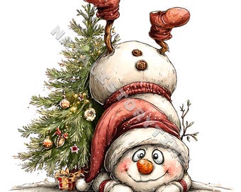 Funny Snowman 12 JPG cute winter cartoon clipart Printable Watercolor High-Quality Papercraft Junk Journal Digital Craft Planner Quirky