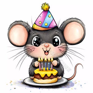 Peut inclure: Une souris de dessin animé mignonne portant un chapeau de fête coloré tient un gâteau au chocolat avec des bougies allumées. La souris a de grands yeux et une expression joyeuse.