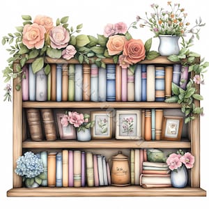 Shabby Chic Vintage Bücherregal Clip Art Kartendesign 10 JPG Printable Aquarell Hochwertiges Papercraft Junk Journal Digital Craft Regale