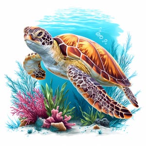 Diseño de tarjeta con imágenes prediseñadas de tortuga marina, 12 JPG, imprimible, acuarela, papel artesanal de alta calidad, diario basura, artesanía digital, técnica mixta, océano submarino