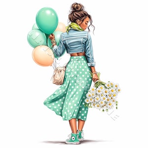 Biglietto di auguri di compleanno con palloncino e donna, clip art, design 10 JPG, stampabile, acquerello, carta di alta qualità, diario di lavoro digitale, biglietto di auguri per ragazza di compleanno