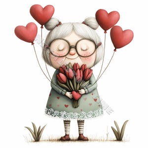 Donna anziana eccentrica con fiori clip art card design 10 JPG stampabili acquerello, JPG di alta qualità, Papercraft Junk Journal Digital Craft