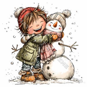 Pode incluir: Ilustração comovente de uma criança abraçando um boneco de neve. A criança usa um chapéu vermelho, um casaco verde e botas marrons. O boneco de neve tem um nariz de cenoura, um cachecol rosa e um chapéu a condizer. Flocos de neve caem.