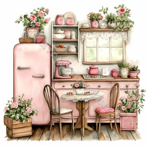 Shabby Chic Retro Pink Küche Clip Art Kartendesign 10 JPG Printable Aquarell hochwertiges Papierhandwerk Junk Journal Digital Craft Decoupage