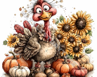 Quirky Thanksgiving turkey 12 JPG autumn cartoon clipart Printable Watercolor High-Quality Papercraft Junk Journal Digital Craft Planner
