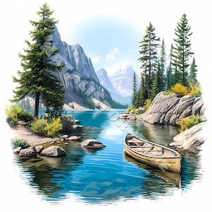 Mountain lake clip art card design 10 JPG Printable Watercolor High-Quality Papercraft Junk Journal Digital Download Alpine lake landscape
