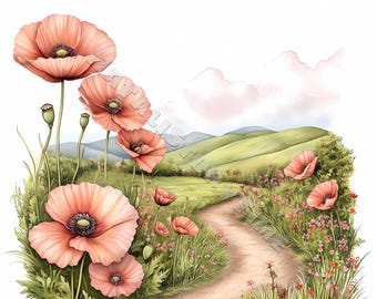 Poppy field watercolour landscape clip art card design 10 JPG Printable Watercolor High-Quality Papercraft Junk Journal Digital Craft Floral