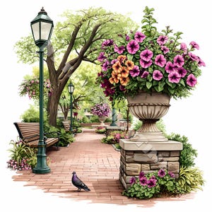 Sommer Park Landschaft Clipart Kartendesign 10 JPG druckbare Aquarell hochwertige Papierkraft Junk Journal Digital Craft Floral urbanen Platz