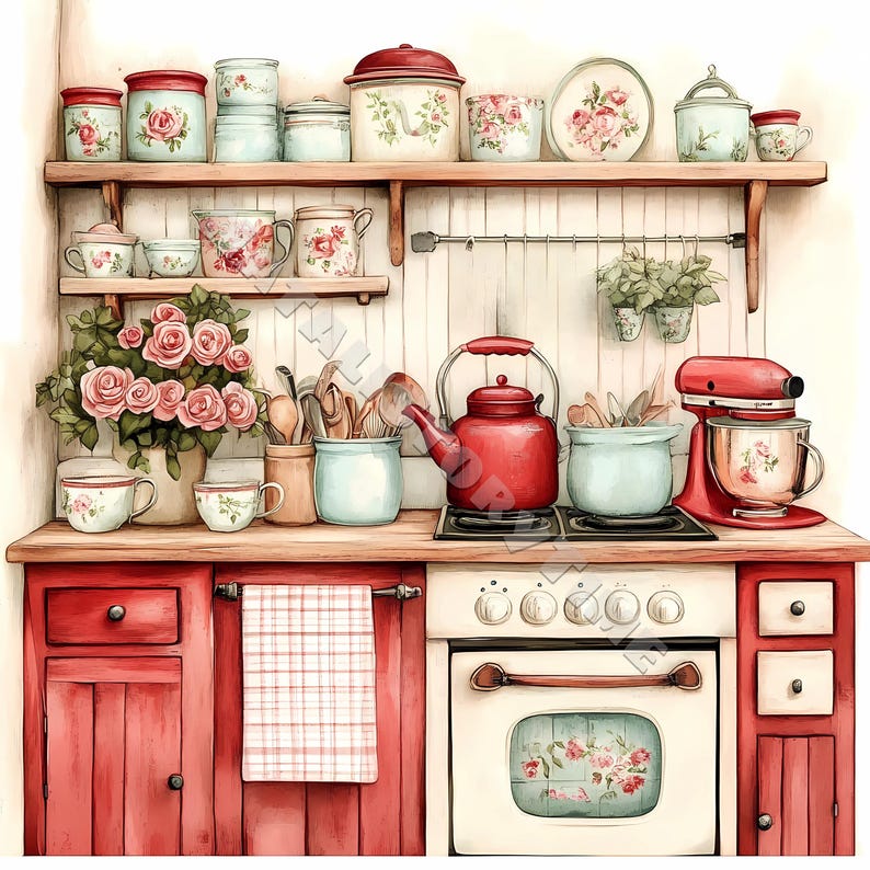 Retro Red Kitchen Clip Art Card Design 10 JPG Printable Watercolor High ...
