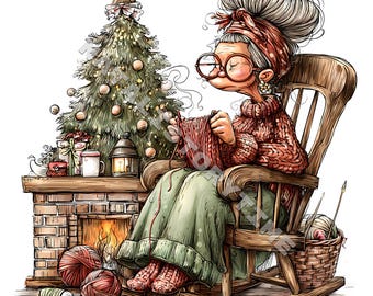 May include: Illustration of a woman knitting in a rocking chair by a fireplace and Christmas tree. She wears a red sweater, green skirt, and a red headscarf. Yarn balls and a basket of yarn are nearby. A star tops the Christmas tree.