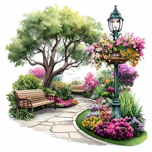 Sommer Stadt Quadrat Clipart Kartendesign 10 JPG druckbares Aquarell hochwertiges Papierhandwerk Junk Journal Digital Craft Blumen Stadtpark