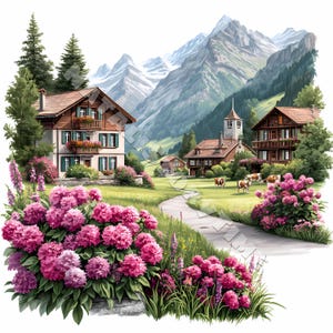 Schweizer Dorf Bergclip Kunstkartendesign 10 JPG druckbares Aquarell hochwertiges Papierhandwerk Junk-Journal Digitales englisches Landhaus