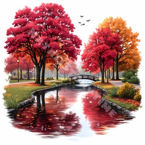 Autumn park square clip art card design 10 JPG Printable Watercolor High-Quality Papercraft Junk Journal Digital Craft Floral Landscape Fall