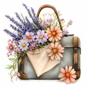 Diseño de tarjeta con clip art de maleta vintage con flores, 10 JPG, imprimible, acuarela, papel de alta calidad, diario basura, manualidades digitales, decoupage