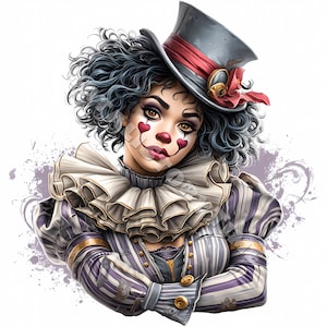 Zirkus Clown Mädchen Clipart Karte Design 10 JPG druckbare Aquarell hochwertige Papierhandwerk Junk Journal Digital Craft viktorianischen Vintage Clown