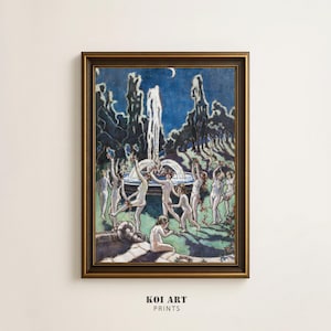 May include: A framed art print showing a nighttime scene with figures dancing near a fountain. The artwork features a dark blue sky with a crescent moon, lush greenery, and a decorative border. The text "KOI ART PRINTS" is at the bottom.