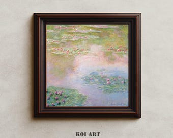 Puede incluir: Impresión artística enmarcada de un estanque de nenúfares, con nenúfares rosas y verdes y reflejos en el agua. La obra de arte está en un marco de madera marrón. El texto "KOI ART PRINTS" está en la parte inferior.