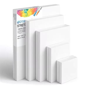 May include: A multi-pack of stretched canvas panels in various sizes, suitable for oil and acrylic painting. The panels are made of 100% cotton and are acid-free. The packaging includes the text "GOTIDEAL STRETCHED CANVAS 100% COTTON 4X4" 5X7" 8 MULTI PACK".