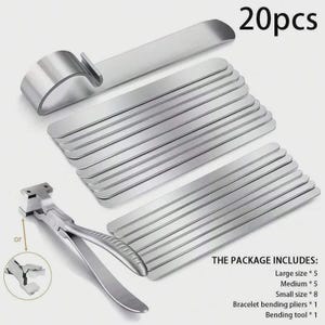 May include: A set of 20 silver-colored bracelet bending tools and accessories. The package includes various sizes of metal strips, bracelet bending pliers, and a bending tool. The text "THE PACKAGE INCLUDES" is visible.