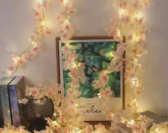 Artificial Cherry Blossom Vine Fairy Lights 2M – White & Pink Flower Garland, Wedding Decor, Bedroom Fairy String Lights, Spring Home
