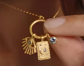 Gold Celestial Pendant – Stainless Steel Moon, Sun, Star, Evil Eye Charms
