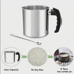 Könnte beinhalten: Ein Kerzenherstellungs-Set aus Edelstahl mit einem 1,3-Liter-Schmelztopf, einem langen Löffel und einem schwarzen Griff. Das Set enthält 454g Sojawachs und 8-9 Kerzengläser mit 113g.
