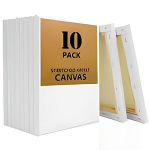 Op de afbeelding: Een stapel van tien witte kunstenaarscanvassen. De voorste verpakking heeft een gouden label met de zwarte tekst "10 PACK" en daaronder "STUDIO ARTIST CANVAS". Twee doeken zijn gedeeltelijk zichtbaar en tonen het opgespannen doek en het houten frame.