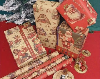 Papier do pakowania prezentów świątecznych w stylu vintage: wzory Świętego Mikołaja i bałwana
