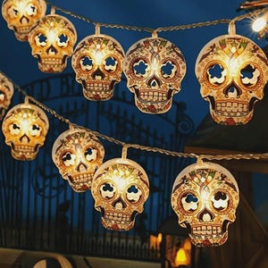 May include: A string of skull-shaped fairy lights. Each skull is white with colourful floral and geometric patterns, and cut-out eye and nose sockets. The lights are strung on a thin, silver wire, suitable for Halloween or Day of the Dead.