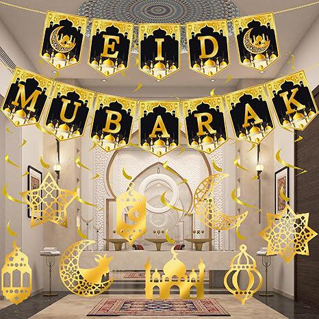 Eid Mubarak bannerset, Ramadan Mubarak hangende wervels, spiraal-banner, ster, maan, lantaarn, moskee, ramadan, kareem, decoratie voor Eid festival, feestdecoratie (blauw