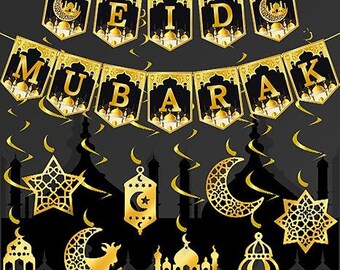 Eid Mubarak Decorations for Home 2023, 2 in 1 Happy Ramadan Eid Mubarak Banners Wall Decor, Eid Al Fitr Al-fitr Decor Set for Muslim Festival Party