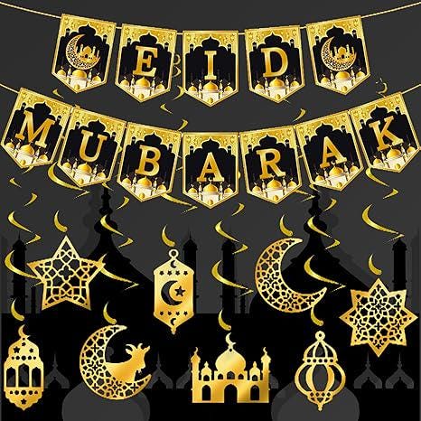 Blauwe Glitter Ramadan Mubarak Banner Eid Mubarak Decoratie, Moslim Islamitische Feestdecoratie, Ramadan Decoraties voor Thuis Ramadan Kareem Feestartikelen Ster en Maan Guirlande