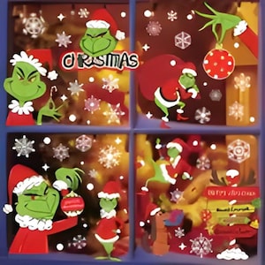 May include: Window decals featuring the Grinch in a Santa hat and red suit, holding ornaments and a sack. The word "Christmas" is displayed. White snowflakes and other Christmas decorations are also included.