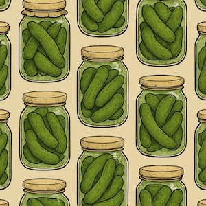 Pickles in a jar Seamless Repeat Pattern for Fabric Sublimation & Digital Prints | Cute Pickle Design, Textile Illustration