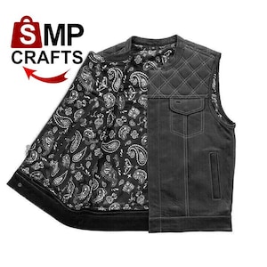 Leather Biker Vest Men&#39;s Riding Club Black/White Motorcycle Vest Diamond Quilted- Hunt Club Biker Waistcoats - Men&#39;s fashion Leather vest
