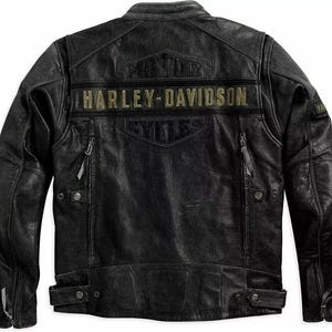 Harley Davidson Passing Link Triple Vents Cafe Racer - Blouson moto noir en cuir effet vieilli pour hommes - Blouson en cuir véritable noir pour hommes