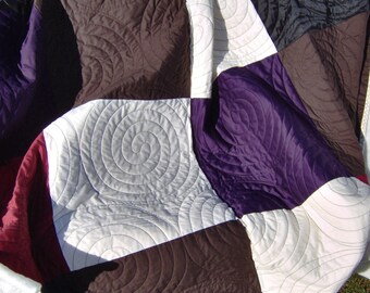 Twin Size Quilt Cotton Sateen and Poplin, Red, Black, Cream, Purple Quilt, Contemporary, Modern Quilt