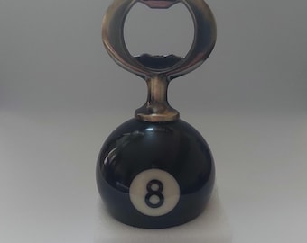 Upcycled pool ball bottle opener, Black #8 ball, brass finish