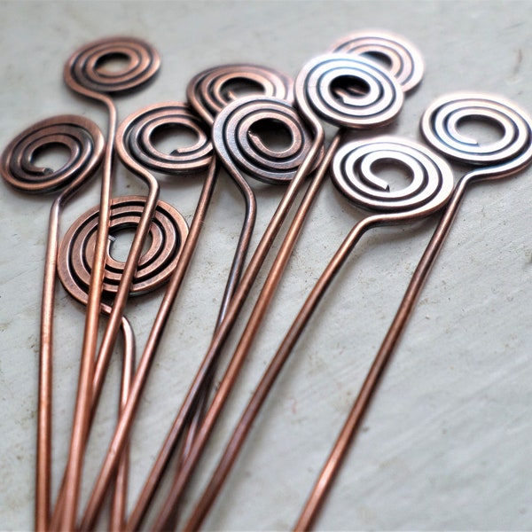 Swirl Pins Handmade Choose from Sterling Silver, Copper, Oxidized Copper or NuGold  10pcs 22g