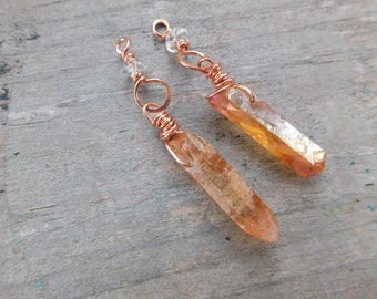 Wire Wrapped Titanium Quartz and Faceted Quartz Charms in Copper, 2pc set